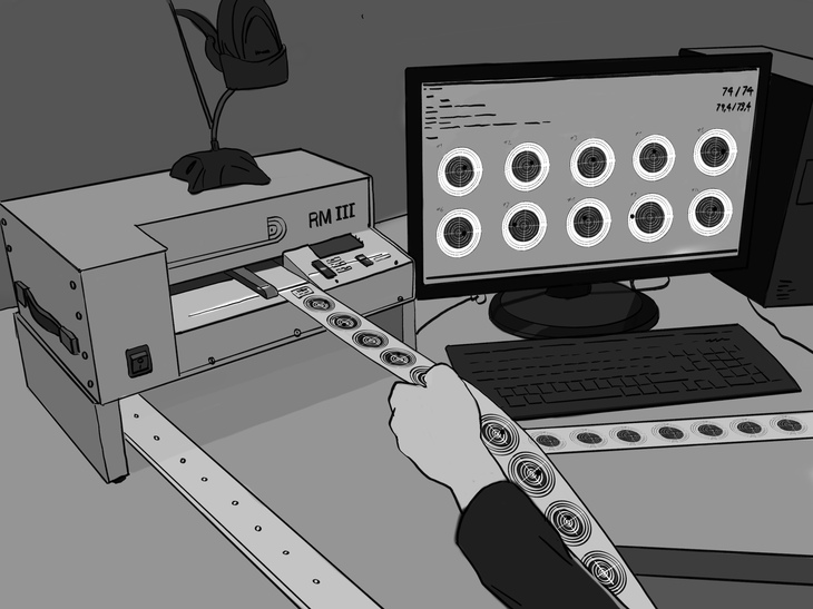 Bei der Auswertung wird der Strichcode auf den Scheiben gescannt. Dadurch weiß Saturn automatisch Bescheid zu welchem Schützen und Wettbewerb die Scheibe gehört.