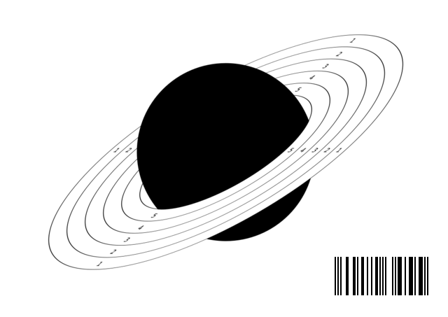 Saturn-Logo: stilisierte Schießscheibe mit Ringen und schwarzem Einschussloch, die an den Planeten Saturn erinnert, dazu der Strichcode, über den jede Scheibe automatisch Schütze und Wettbewerb zugeordnet wird